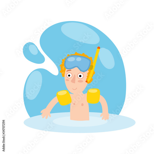 Boy in inflatable armbands learns to swim. Red hair Child plays in water. Mask for underwater diving. Summer holiday or vacation at sea. Cartoon flat illustration