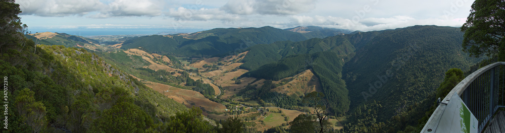 View from Hawkes Lookout at Takaka Hill in Tasman Region on South Island of New Zealand 
