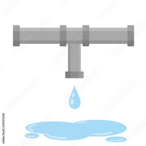 Pipe with a drop of water. Gray pipeline. Tube communication at home. Mechanical technical element of the system. The metal part of the curved shape. Cartoon flat illustration.