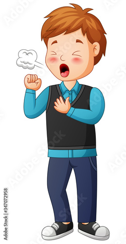 Cartoon boy cough on white background. Vector illustration