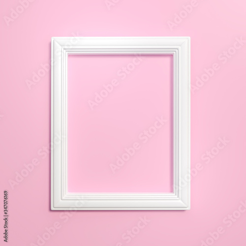 Fototapeta Naklejka Na Ścianę i Meble -  White frame on pink background 3d rendering. 3d illustration Modern picture frame, Empty white border frame, Blank picture frame on pink wall template minimal concept.