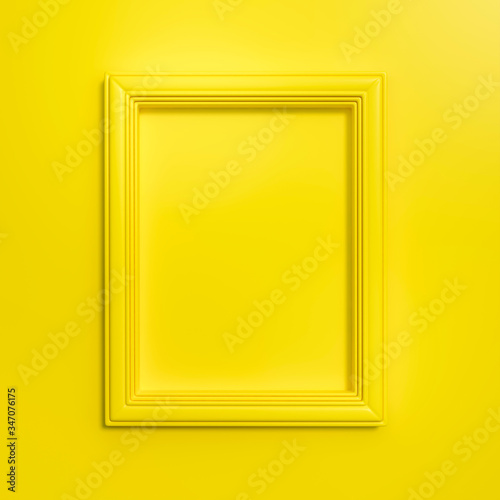 Yellow frame on yellow background 3d rendering. 3d illustration Modern picture frame, Empty yellow border frame, Blank picture frame on yellow wall template minimal concept.
