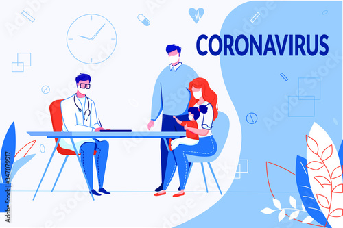 Parents with a child at the doctor in mask to prevent coronavirus infection. Vector illustration in cartoon.