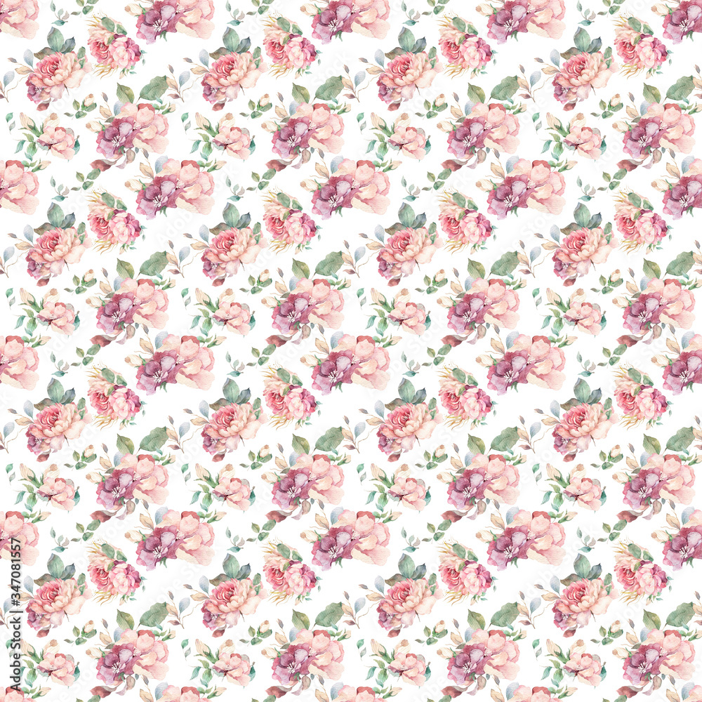 Hand drawn watercolor pattern with red, white and blue roses, peony and lilac flowers and green leaves. Isolated on white background for wedding invite design Hand drawn watercolor pattern with red, white and blue roses, peony and lilac flowers and green leaves. Isolated on white background for wedding invite design