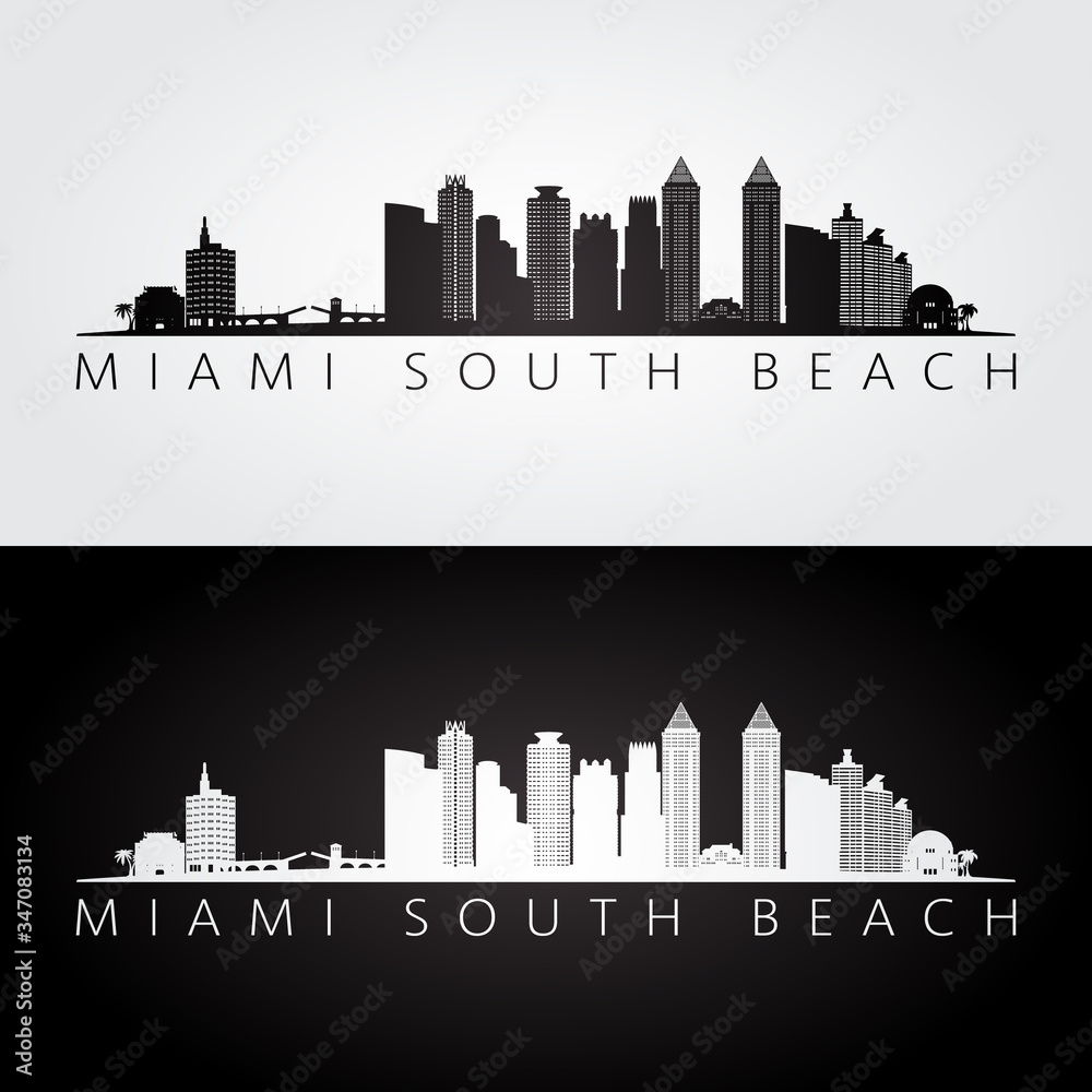 Miami South Beach, Florida skyline and landmarks silhouette, black and white design, vector illustration.