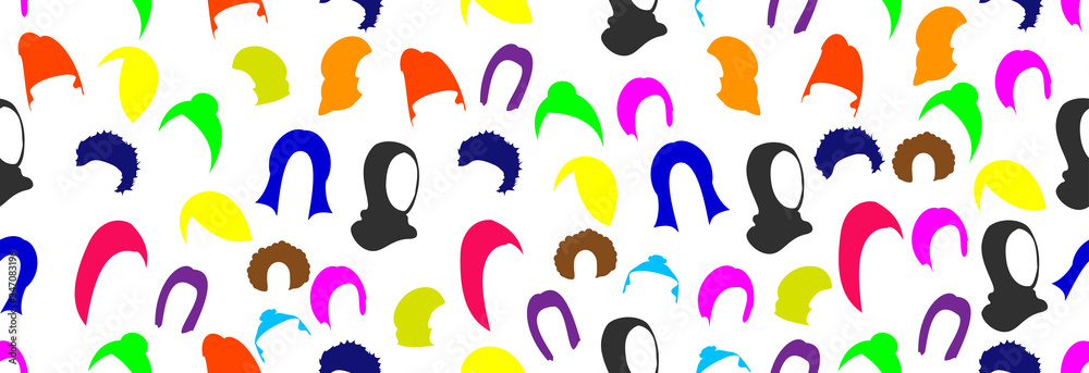 Collection of women's hairstyles in different colors on a white background. Seamless pattern.