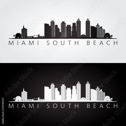 Miami South Beach, Florida skyline and landmarks silhouette, black and white design, vector illustration.