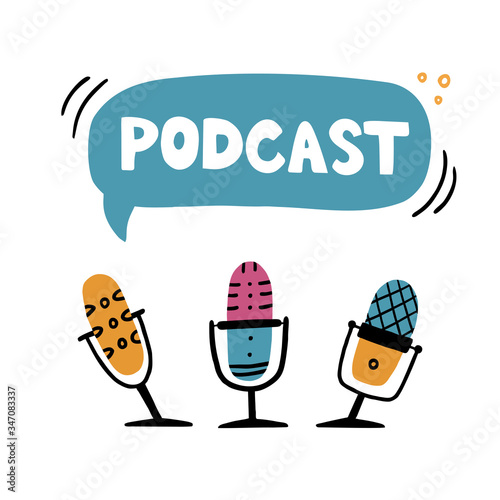 Media tool, multiple microphones and speech bubble doodle icon. Sound recording device, media equipment hand drawn vector illustration. Microphone, broadcasting facilities color drawing isolated.