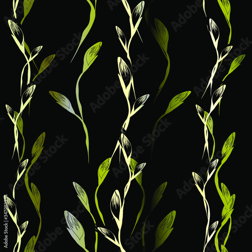 Seamless pattern. Illustration with gold leaves and creeping stems from the bottom up on a black background.