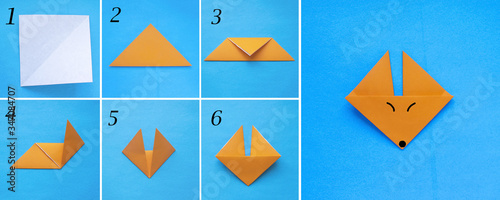 Step by step photo instruction how to make origami paper fox. Simple diy with kids children's concept.