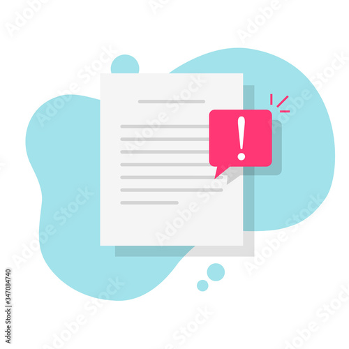 Text file document with caution comment note or error notification message vector flat cartoon, paper sheet with written content and warning alert mark, idea of letter page or article design