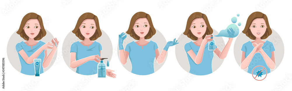 Clean hand gesture set. Healthy of female protective against infectious diseases and flu. Stop the infection. Health care concept. Vector illustration isolated on white. Clean hand gesture set. Healthy of female protective against infectious diseases and flu. Stop the infection. Health care concept. Vector illustration isolated on white.
