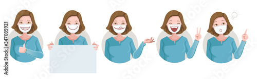 woman gag. Healthy of female wear protective mask against infectious diseases and flu. Stop the infection. Different gestures and signs. Feelings positive, fun and relaxed emotion. Health care concept