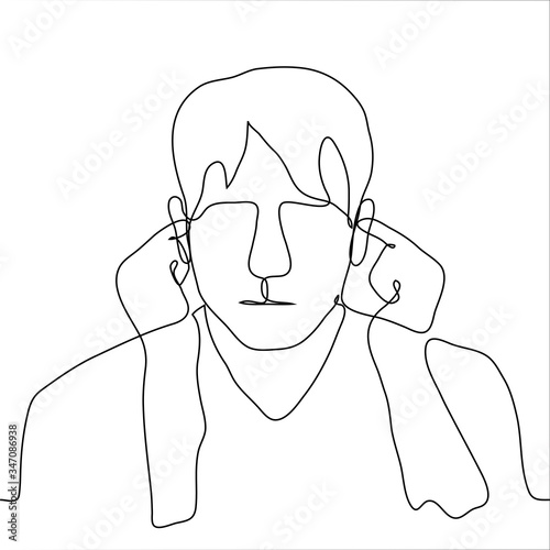 Portrait of a man plugging his ears with index fingers. The person is tired of noise, does not want to listen to the speaker, wants silence, presence in a noisy place.