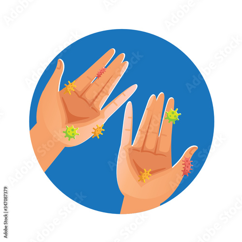 Dirty hands. Palm in a dirty circle, Magnified picture of the corona virus, bacteria, and E. coli on the hand. Vector illustration isolated on white background.
