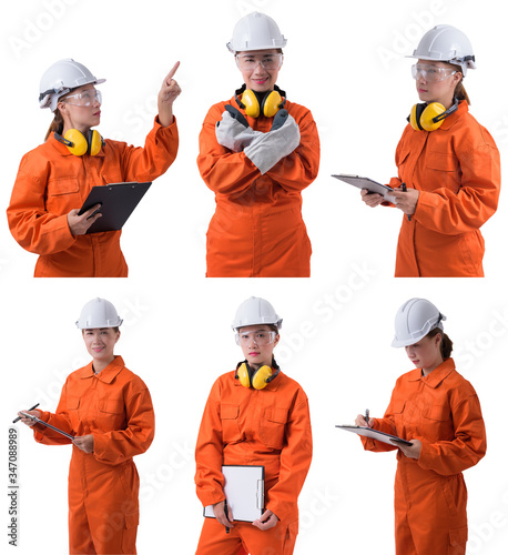Collection set of Full body portrait of a woman worker in Mechanic Jumpsuit is holding clipboard, pen and checklist isolated on white background