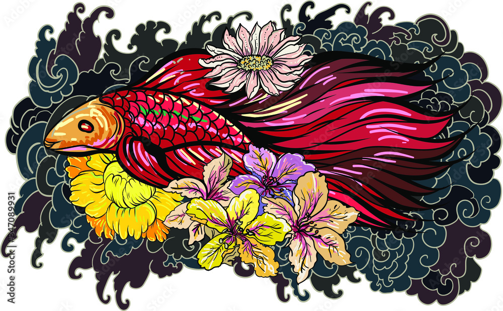 Obraz premium Colorful Siamese fighting fish or betta fish swimming in Japanese wave with peony and daisy flowers for hand drawn tattoo art design in geometric and circular ornament frame
