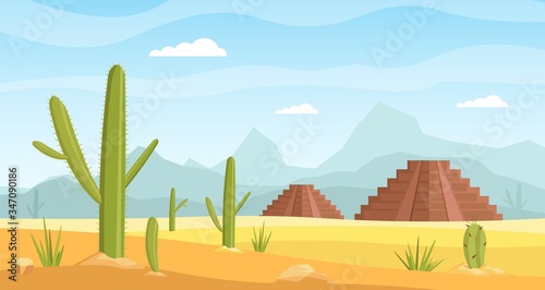 Mexican desert with cacti and mountains landscape vector illustration.