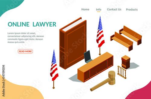 Low poly online lawyer tribunal isometric of the justice jury characters vector illustration banner.