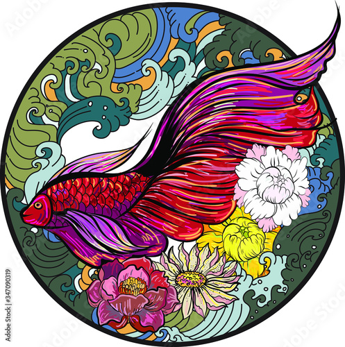 Colorful Siamese fighting fish or betta fish swimming in Japanese wave with peony and daisy flowers for hand drawn tattoo art design in  geometric and circular ornament frame