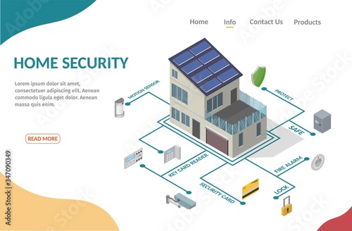 Isometric home security infographic concept of technology system alarm vector low poly banner.