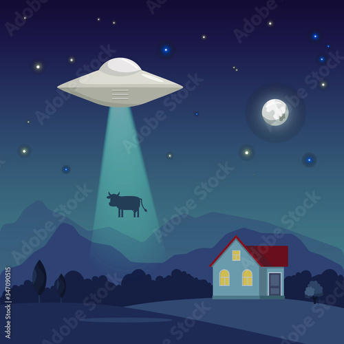 Vector UFO alien abduction of a cow in a field night sky illustration.