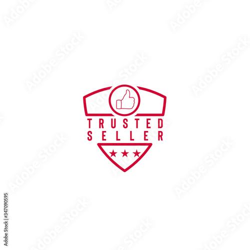 Trusted seller vector logo in shield with thumbs up icon in circle and stars isolated on white background can be used as sign that your shopping website or marketplace is reliable and trustworthy