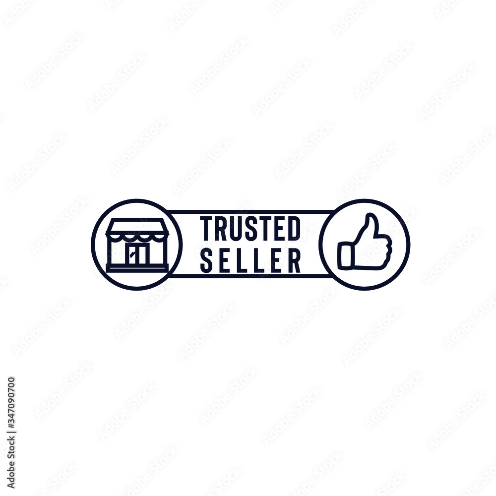 Obraz premium Trusted seller stamp vector logo design with thumb up and store icon isolated on white background good for your website, micro blogging, marketplace icon