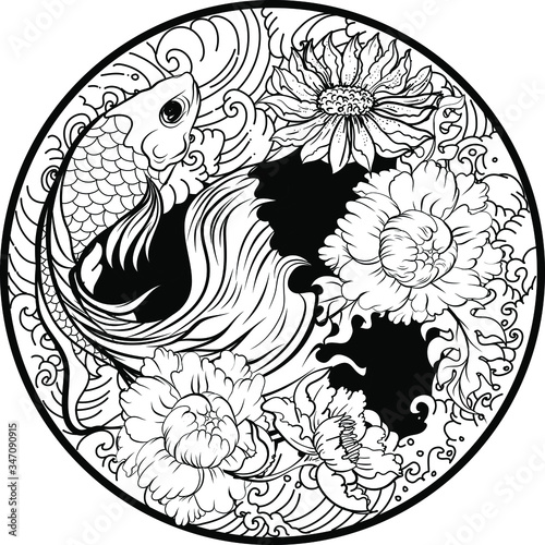 Colorful Siamese fighting fish or betta fish swimming in Japanese wave with peony and daisy flowers for hand drawn tattoo art design in  geometric and circular ornament frame
