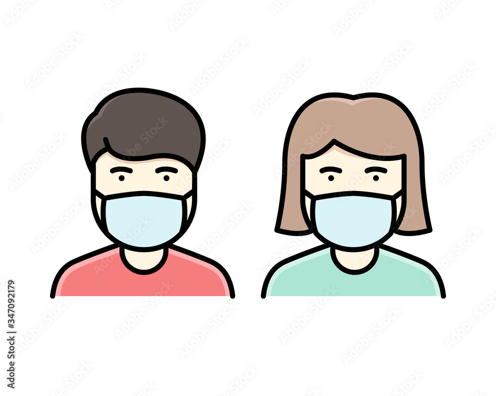 a man and woman wear a mask to avoid Covid-19 icon vector color