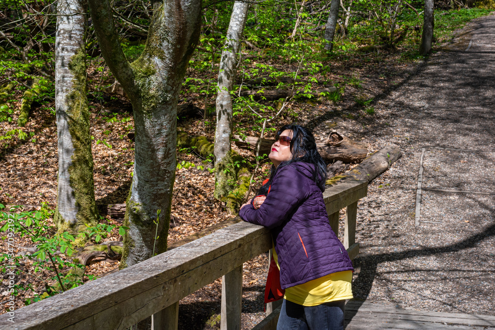 A woman is delighted to enjoy the fresh air in a forest in Scania, south Sweden A woman is delighted to enjoy the fresh air in a forest in Scania, south Sweden