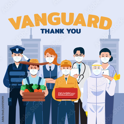 Illustration concept of appreciation for essential worker, doctors, nurse, delivery, grocery, and truck driver transportation.
Vector of people with their service in Corona virus Covid-19 outbreak.