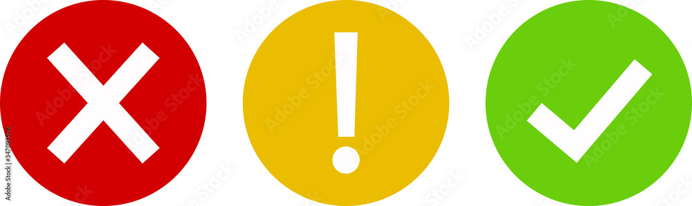 Set of round marks, cross, exclamation point, checkmark icons, buttons on white background. Set of round marks, cross, exclamation point, checkmark icons, buttons on white background.