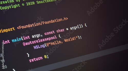 hello world application written in objective C on a computer screen