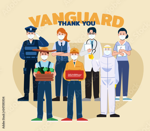 Illustration concept of appreciation for essential worker, doctors, nurse, delivery, grocery, and truck driver transportation.
Vector of people with their service in Coronavirus Covid-19 outbreak.