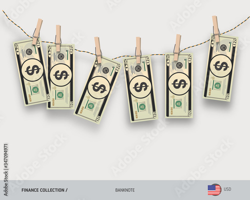 Wet 20 US Dollar banknotes hanging on rope attached with clothes pins. Money laundering concept. Dirty money. Flat style vector illustration.