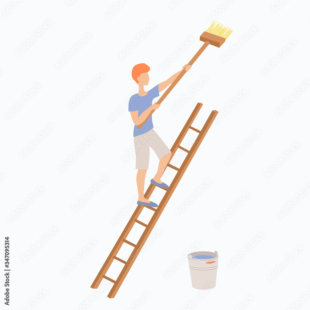 A young redhaired man is standing on a ladder with a large brush or mop in his hands. The guy paints or washes something with a bucket standing below. Stock vector flat illustration isolated on white. A young redhaired man is standing on a ladder with a large brush or mop in his hands. The guy paints or washes something with a bucket standing below. Stock vector flat illustration isolated on white.