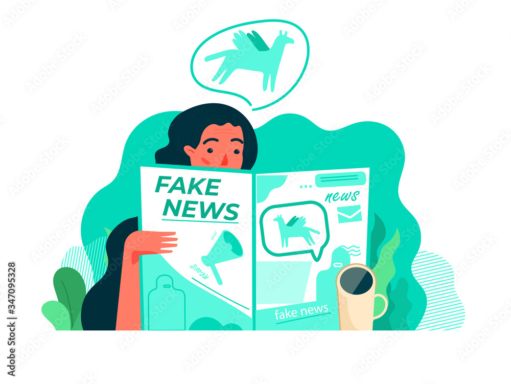 Modern flat vector illustration concept of woman reading fake news in the newspaper with a cup of coffee. Creative landing page design template.