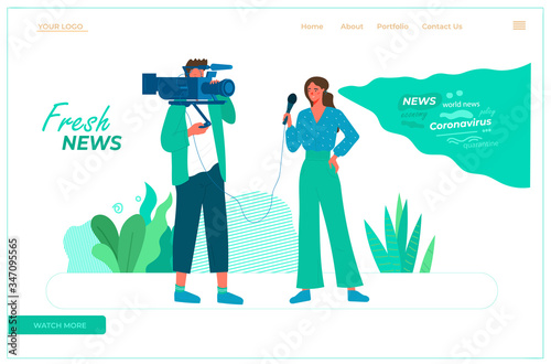 videographer with TV presenter conducts direct reporting from the place of events. Creative landing page design template.
