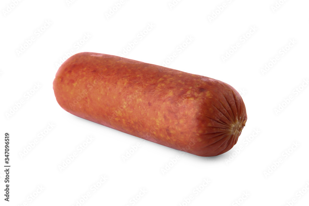 Delicious smoked sausage isolated on white. Fresh meat product Delicious smoked sausage isolated on white. Fresh meat product