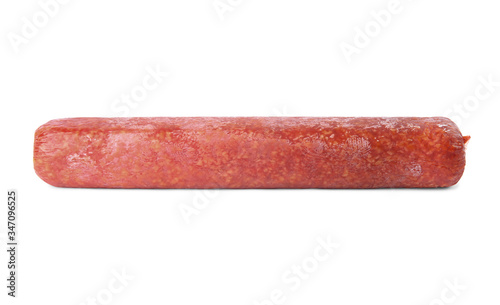 Delicious smoked sausage isolated on white. Fresh meat product