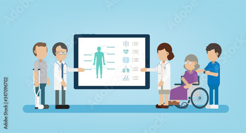 Health check concept with doctor and digital tablet display flat design vector illustration