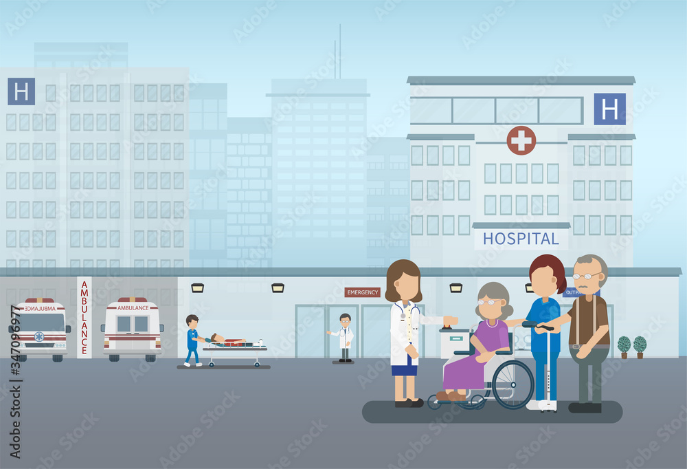 Medical service concept with doctor and patients at hospital flat design vector illustration
