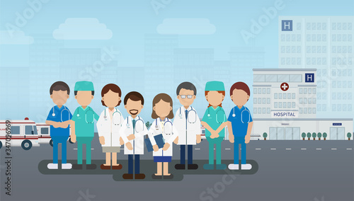 Medical service concept with medical staffs and hospital building vector illustration