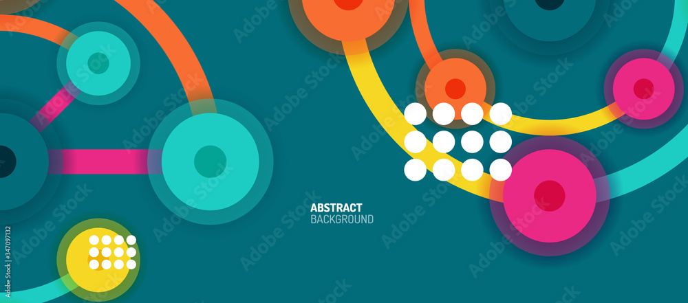 Flat style geometric abstract background, round dots or circle connections on color background. Technology network concept.