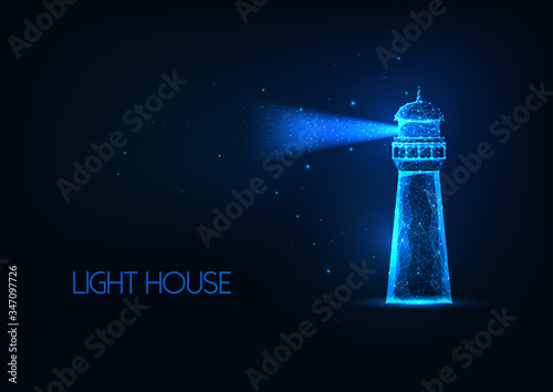 Futuristic glowing lo polygonal lighting house with light beam isolated on dark blue background.