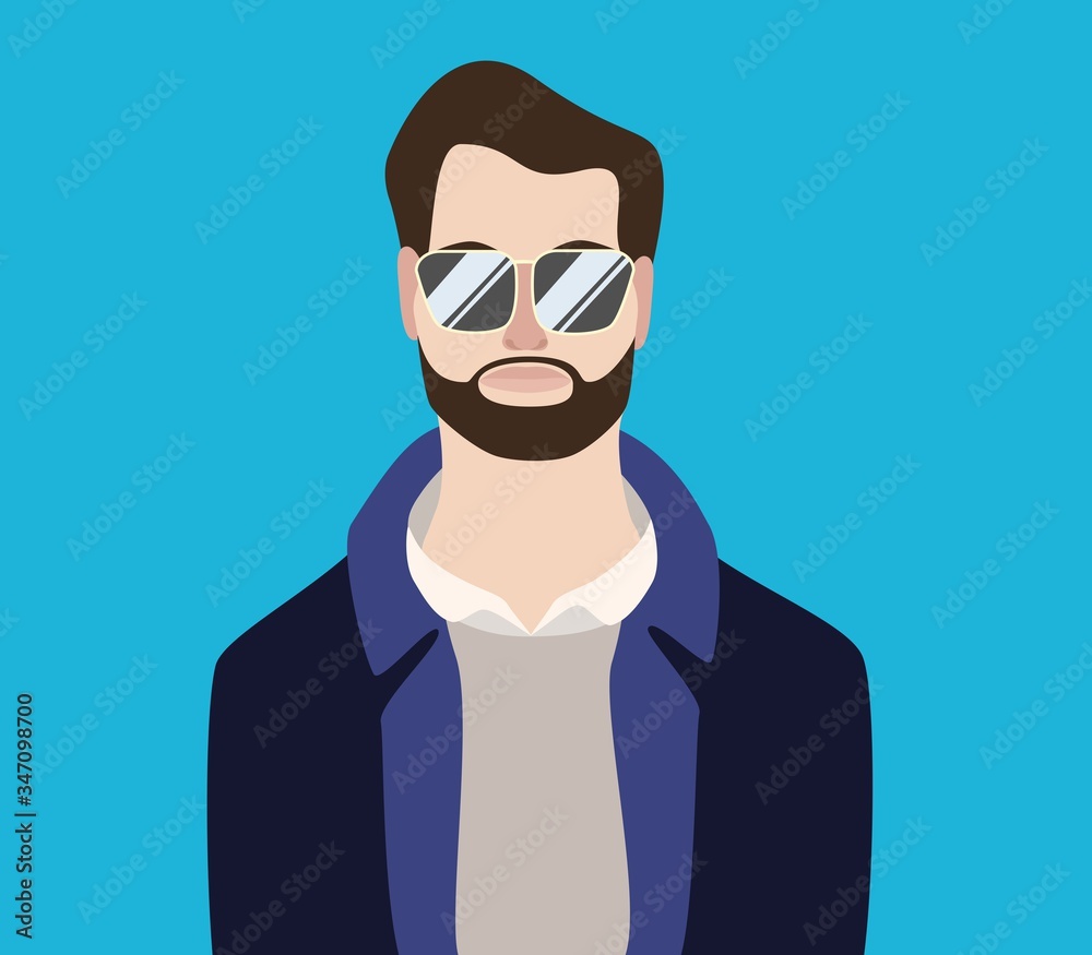 Portrait of a handsome man with a beard wearing sunglasses and blue coat. Blue background. Raster illustration. 