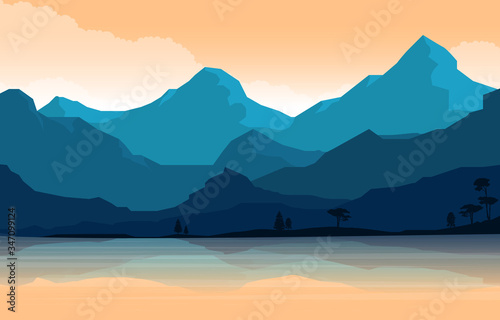 Calm Mountain Forest Wild Nature Scene Landscape Monochrome Illustration