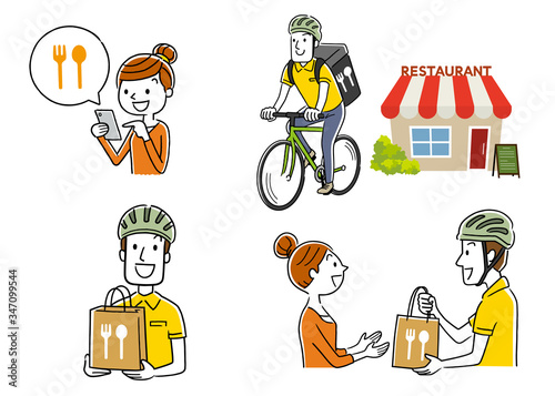 Stock illustration: food delivery, deliveryman, bicycle, set, collection