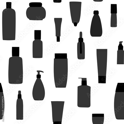 Seamless pattern with empty and clean grey plastic containers: bottles with spray, cream jar, tube. Flat design background with cosmetic package. Hand drawn Vector Illustration.